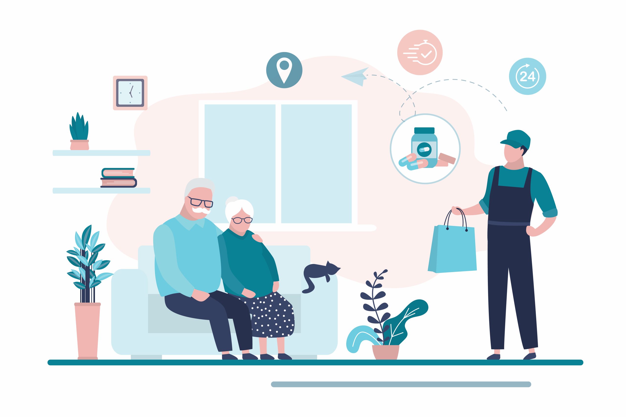 Illustration: Ein älteres Paar sitzt auf einem Sofa, während eine Person eine Einkaufstasche bringt